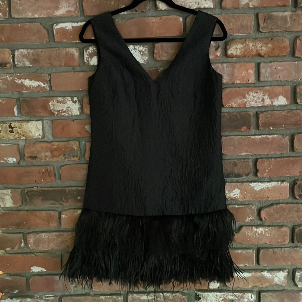 BCBGMAXAZARIA black jacquard dress with feather trim